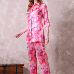 Pink Marble Print Satin Co-ord Set