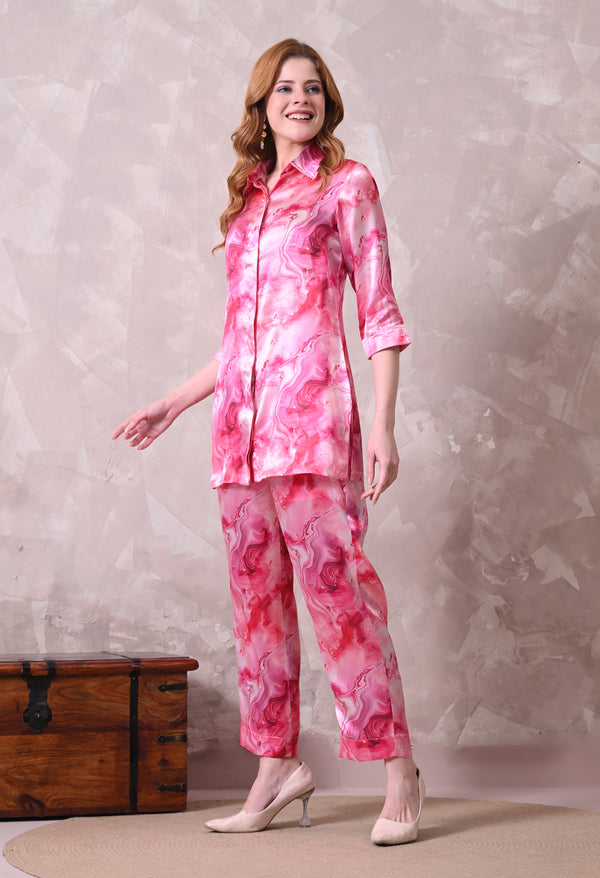 Pink Marble Print Satin Co-ord Set