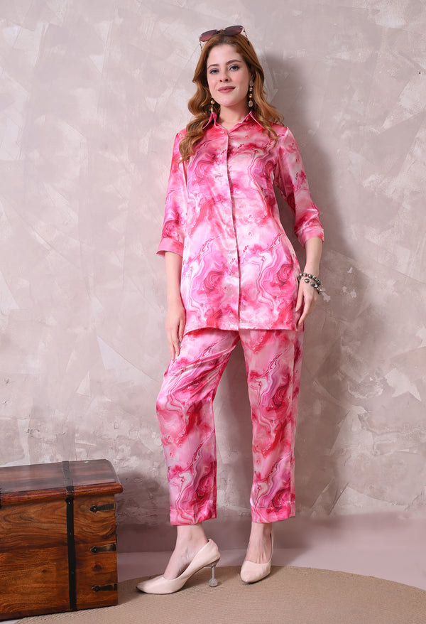 Pink Marble Print Satin Co-ord Set