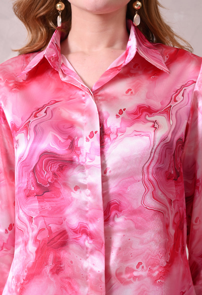 Pink Marble Print Satin Co-ord Set