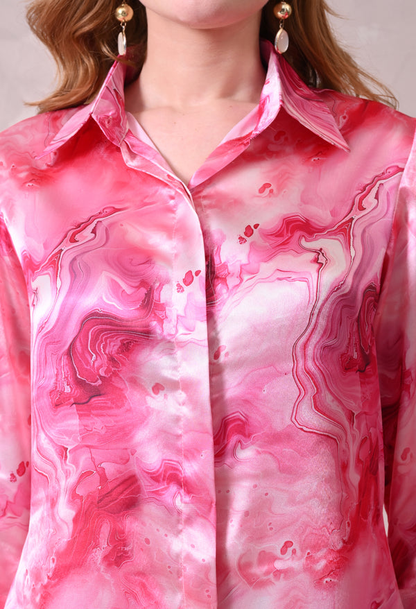 Pink Marble Print Satin Co-ord Set