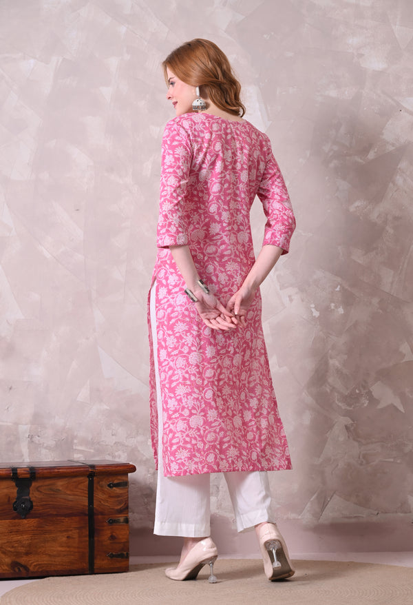 Pink Floral Jaal Print Cotton A-Line Kurta