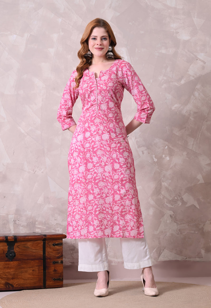 Pink Floral Jaal Print Cotton A-Line Kurta