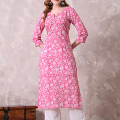 Pink Floral Jaal Print Cotton A-Line Kurta