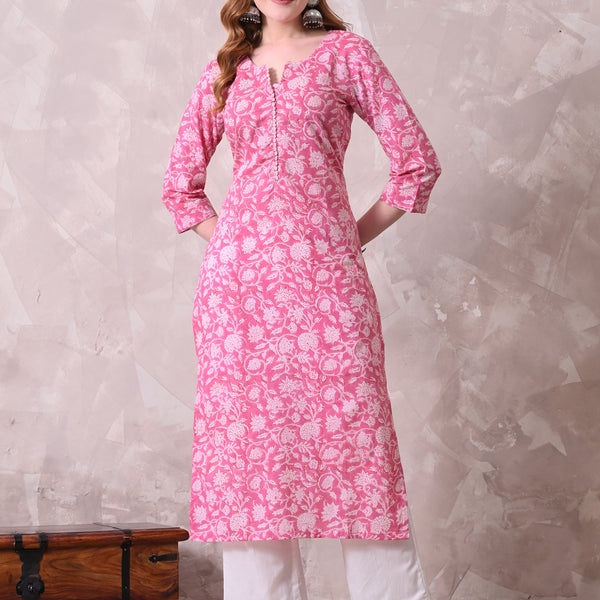 Pink Floral Jaal Print Cotton A-Line Kurta