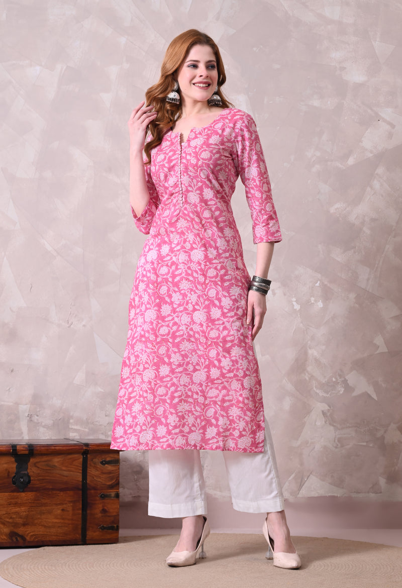 Pink Floral Jaal Print Cotton A-Line Kurta