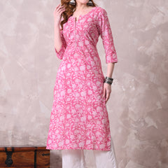 Pink Floral Jaal Print Cotton A-Line Kurta