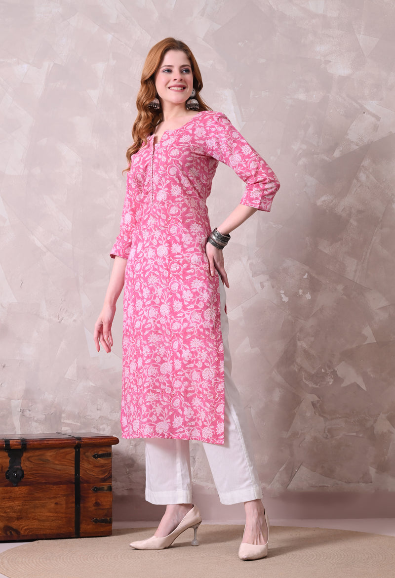 Pink Floral Jaal Print Cotton A-Line Kurta
