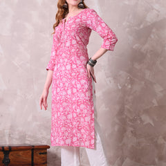 Pink Floral Jaal Print Cotton A-Line Kurta