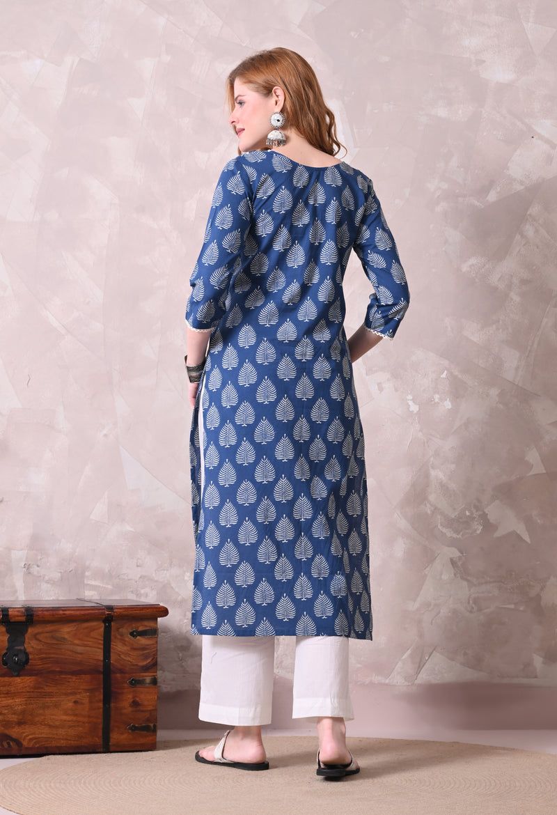 Indigo Blue Leaf Block Print Angrakha Style Kurta