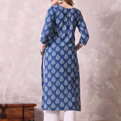 Indigo Blue Leaf Block Print Angrakha Style Kurta