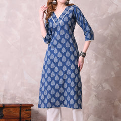 Indigo Blue Leaf Block Print Angrakha Style Kurta