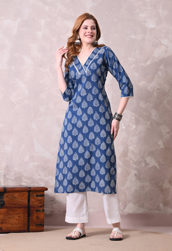 Indigo Blue Leaf Block Print Angrakha Style Kurta