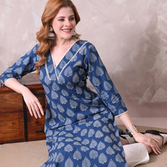Indigo Blue Leaf Block Print Angrakha Style Kurta
