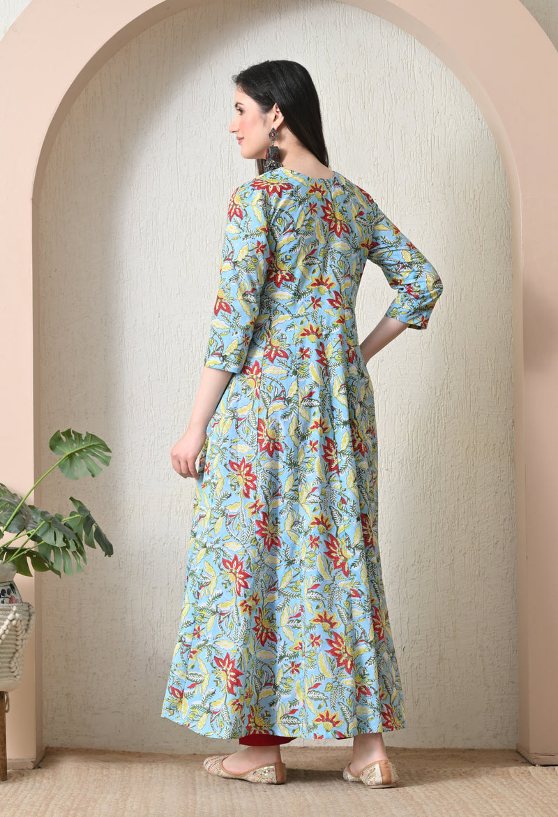 Sky Blue Floral Print Flared Anarkali Maxi Dress