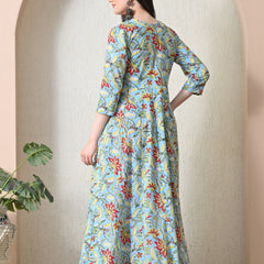 Sky Blue Floral Print Flared Anarkali Maxi Dress