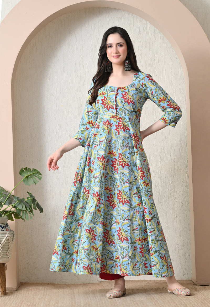 Sky Blue Floral Print Flared Anarkali Maxi Dress