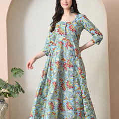 Sky Blue Floral Print Flared Anarkali Maxi Dress