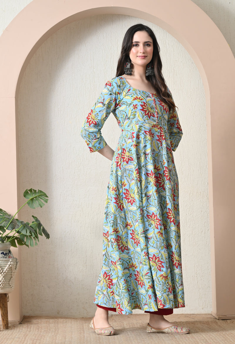 Sky Blue Floral Print Flared Anarkali Maxi Dress