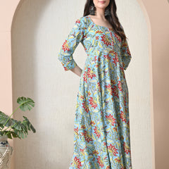 Sky Blue Floral Print Flared Anarkali Maxi Dress