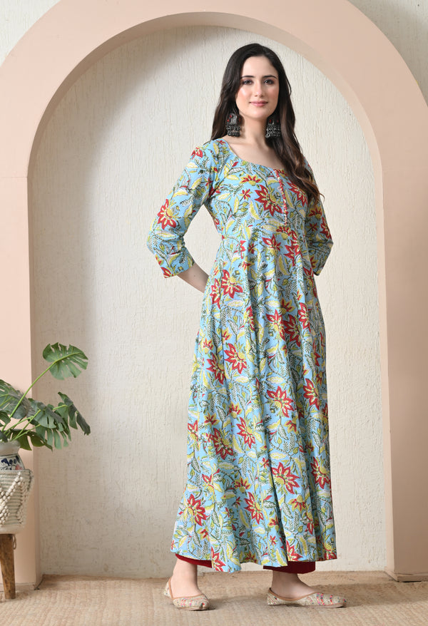 Sky Blue Floral Print Flared Anarkali Maxi Dress