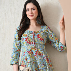 Sky Blue Floral Print Flared Anarkali Maxi Dress