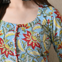 Sky Blue Floral Print Flared Anarkali Maxi Dress