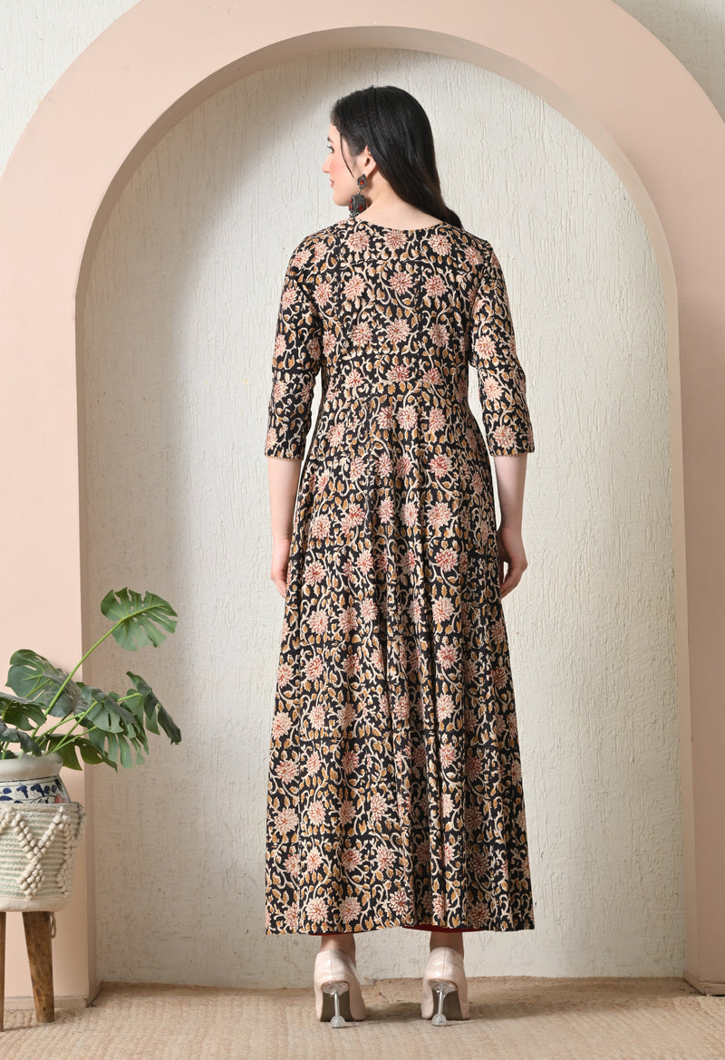 Black Floral Block Print Tiered Anarkali Maxi Dress