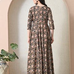 Black Floral Block Print Tiered Anarkali Maxi Dress