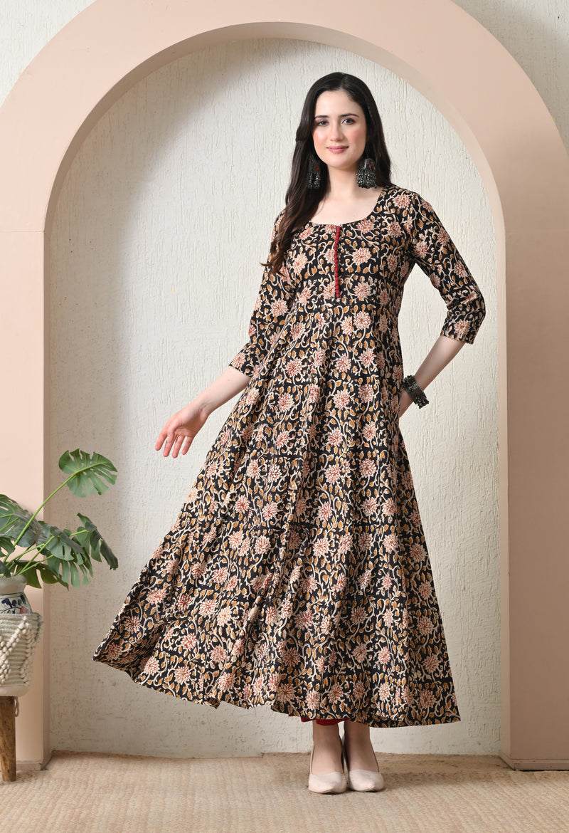 Black Floral Block Print Tiered Anarkali Maxi Dress
