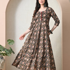 Black Floral Block Print Tiered Anarkali Maxi Dress