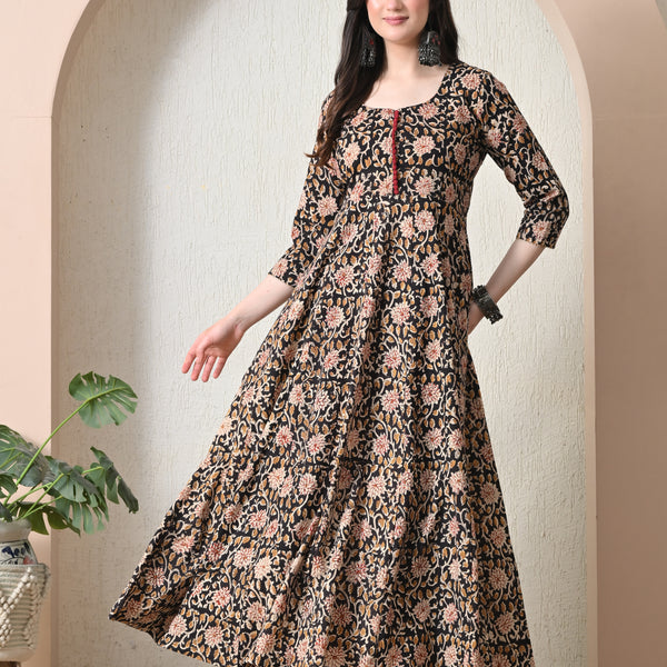 Black Hand Block Anarkali Kurta