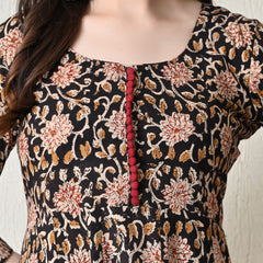 Black Floral Block Print Tiered Anarkali Maxi Dress