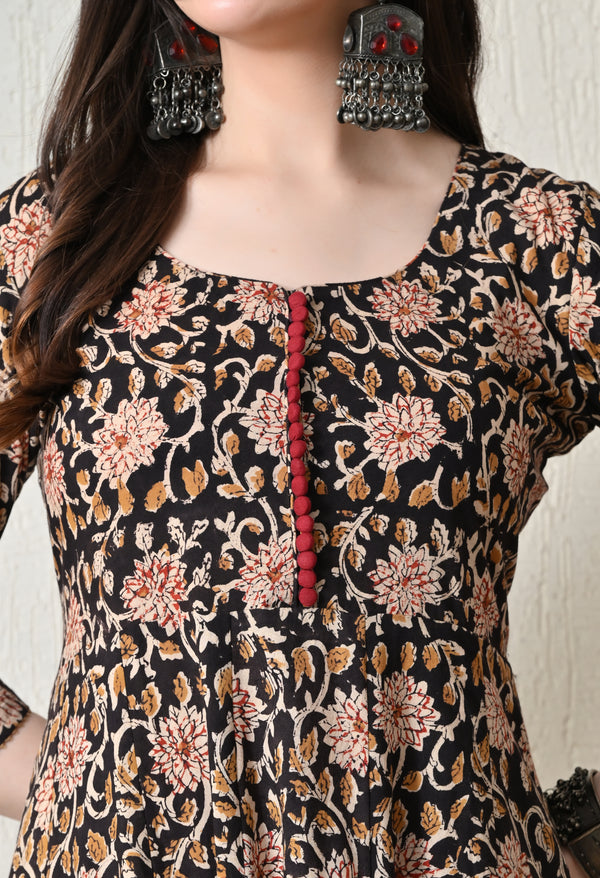 Black Floral Block Print Tiered Anarkali Maxi Dress