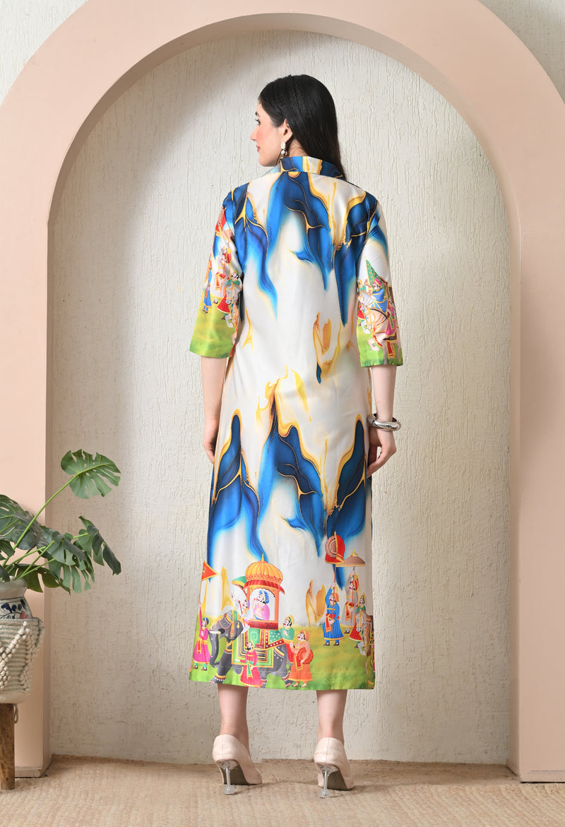 Pichwai Art Print Satin Shirt Dress