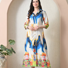 Pichwai Art Print Satin Shirt Dress