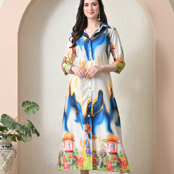 Pichwai Art Print Satin Shirt Dress