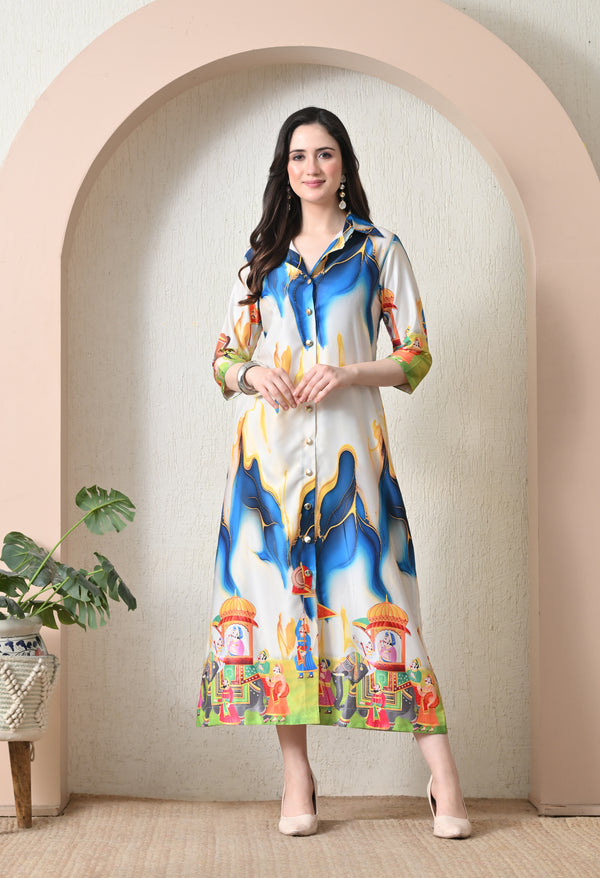 Pichwai Art Print Satin Shirt Dress