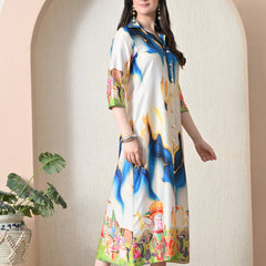 Pichwai Art Print Satin Shirt Dress