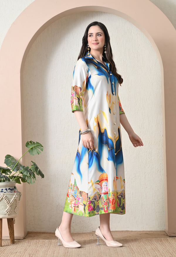 Pichwai Art Print Satin Shirt Dress