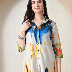 Pichwai Art Print Satin Shirt Dress