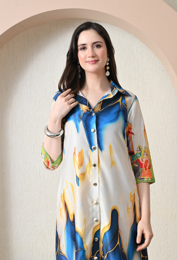 Pichwai Art Print Satin Shirt Dress