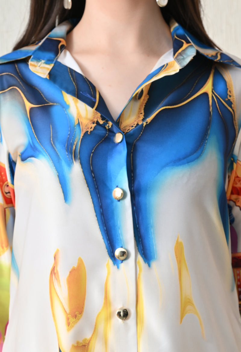 Pichwai Art Print Satin Shirt Dress