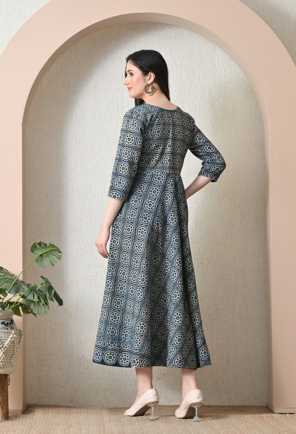 Grey Blue Ajrakh Chakra Print Flared Maxi Dress