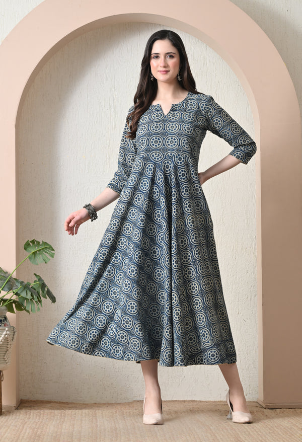 Grey Blue Ajrakh Chakra Print Flared Maxi Dress