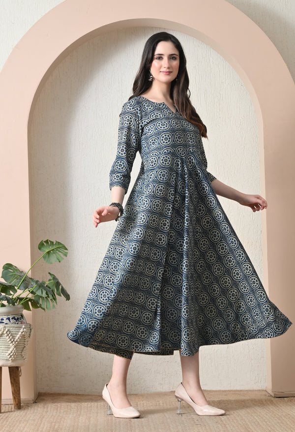 Grey Blue Ajrakh Chakra Print Flared Maxi Dress