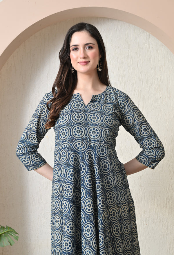 Grey Blue Ajrakh Chakra Print Flared Maxi Dress