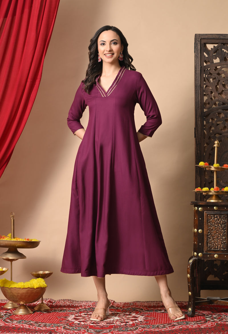 Wine Anarkali With Champa Lace