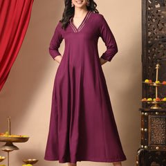 Wine Anarkali With Champa Lace