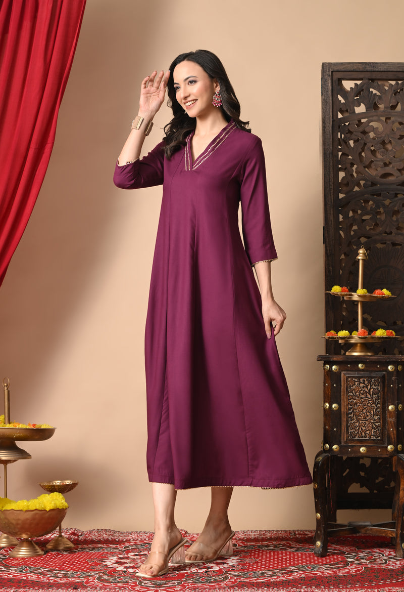 Wine Anarkali With Champa Lace